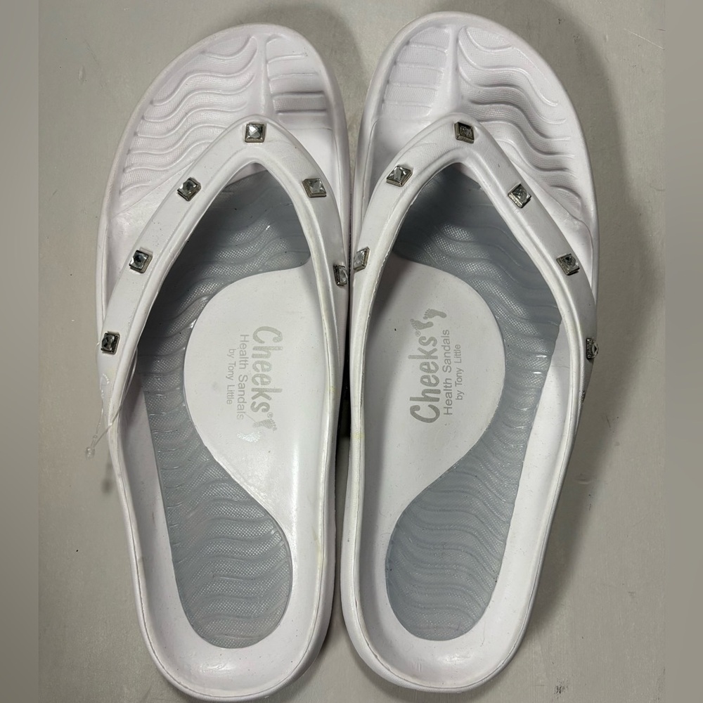 by Tony Little White Rhinestone Flip Flop Sandals